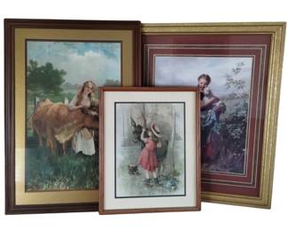 Beautiful Framed Wall Art Prints Milk Maid Shepherd Donkey Country Girls
