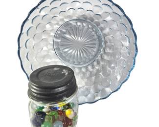 Bright Blue Glass Bowl & Jar of Marbles Unsorted