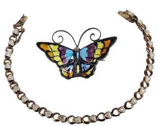Vintage Sterling Butterfly Pin Gem Bracelet .925 Silver