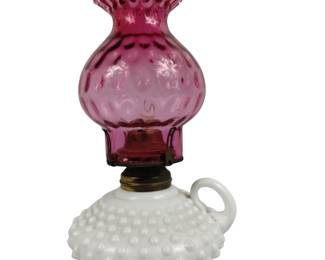Antique Ruby Glass Milk Hobnail Oil Lamp Fenton? Thumbprint