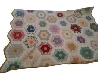Grandmothers Flower Garden Hand Stitched Quilt Antique