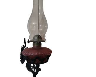 Antique Pink Glass Oil Lamp Cast Iron Wall Bracket Swing Arm Holder