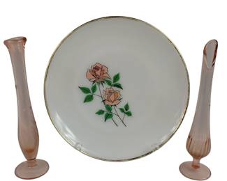 Vintage Fire King Rose Plate + 2 Pink Bud Vases