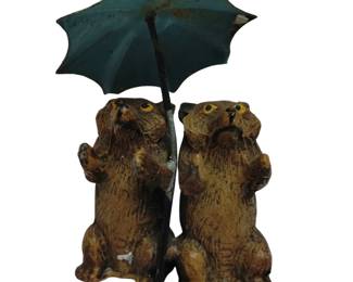Antique Heyde's German Miniature Statue Figure Bears & Umbrella Metal Lead
