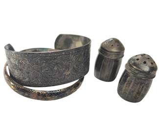 Sterling Hinge Bracelet & Salt Peppers + Unmarked Engraved Cuff