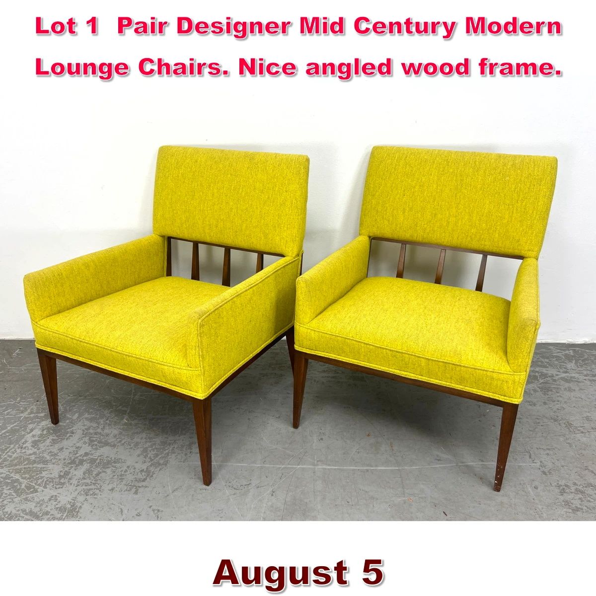 Lot 1 Pair Designer Mid Century Modern Lounge Chairs. Nice angled wood frame. 
