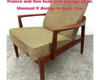 Lot 427 Tove and Edvard KindtLarsen for France and Son teak arm Lounge chair. Unusual V design to back. Mar