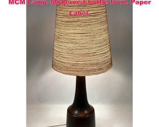 Lot 317 BOSTLUND Brown Glazed Pottery MCM Lamp. Modernist bottle form. Paper Label. 