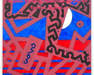 Lot 497 Large DENNIS SAKELSON Original Graphic Painting. Modernist Acrylic on Canvas. Signed. 