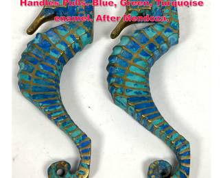Lot 87 Pair Bronze Enamel Figural Seahorse Handles Pulls. Blue, Green, Turquoise enamel. After Mendoza.