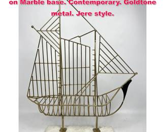 Lot 531 Sailing Ship Yacht Metal Sculpture on Marble base. Contemporary. Goldtone metal. Jere style. 