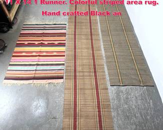 Lot 246 3pc Hand woven Rug Lot Includes 2 11 X 14 1 Runner. Colorful striped area rug. Hand crafted Black an