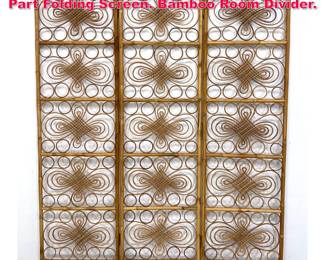 Lot 217 Highly Decorative Bent Rattan 3 Part Folding Screen. Bamboo Room Divider. 