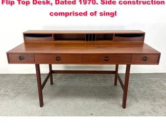 Lot 76 Early Peter Lovig Danish Modern Teak Flip Top Desk, Dated 1970. Side construction comprised of singl