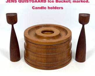 Lot 113 3pc Danish Modern Teak. DANSK by JENS QUISTGAARD Ice Bucket marked. Candle holders