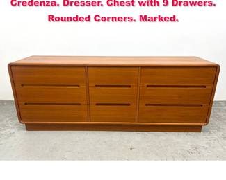Lot 410 SUN CABINET Modern Teak Credenza. Dresser. Chest with 9 Drawers. Rounded Corners. Marked. 