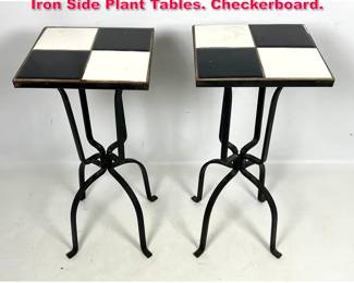 Lot 529 Pr Vintage Black and White Tile Top Iron Side Plant Tables. Checkerboard. 