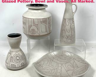Lot 569 4pc LAPID ISRAEL Incised Design Glazed Pottery. Bowl and Vases. All Marked. 