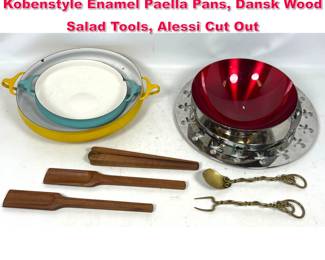 Lot 566 Mid Century Modern Lot. Dansk Kobenstyle Enamel Paella Pans, Dansk Wood Salad Tools, Alessi Cut Out 