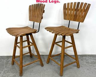 Lot 407 Pr Wood Slat Swivel Seat Bar Stools. Wood Legs. 