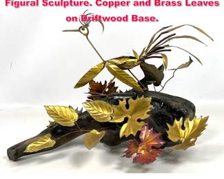 Lot 159 Mixed Metals Bird and Leaves Figural Sculpture. Copper and Brass Leaves on Driftwood Base. 