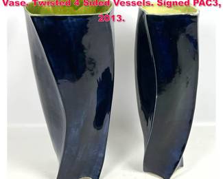 Lot 52 2pc Signed Studio Glazed Pottery Vase. Twisted 4 Sided Vessels. Signed PAC3, 2013.