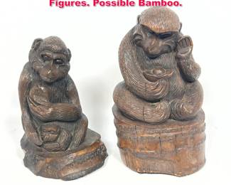 Lot 38 2pc Carved Wood Monkey Sculptures Figures. Possible Bamboo. 