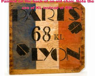 Lot 111 Possible WW2 Direction Sign. Painted on the back of an old chair. Note the use of KL instead of KM.