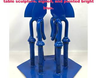 Lot 104 Joe Seltzer welded Found Object table sculpture. signed, and painted bright blue.