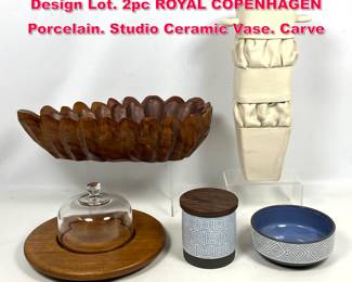 Lot 597 5pc Mid Century Pottery, Wood Design Lot. 2pc ROYAL COPENHAGEN Porcelain. Studio Ceramic Vase. Carve