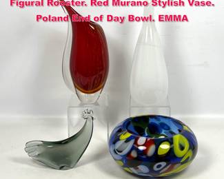 Lot 583 4pc MCM Art Glass. HOLMEGAARD Figural Rooster. Red Murano Stylish Vase. Poland End of Day Bowl. EMMA