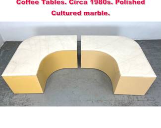 Lot 130 2pc Marble top Corner Curved Coffee Tables. Circa 1980s. Polished Cultured marble. 