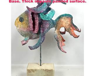 Lot 302 Artisan Fish sculpture on Wood Base. Thick impasto painted surface. 