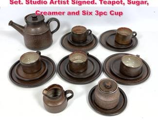 Lot 61 19pc Hand Made Ceramic Pottery Tea Set. Studio Artist Signed. Teapot, Sugar, Creamer and Six 3pc Cup
