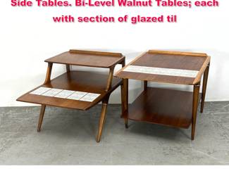 Lot 532 2pc LANE American Modern Walnut Side Tables. BiLevel Walnut Tables each with section of glazed til