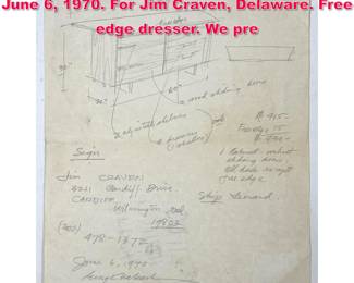Lot 7 George Nakashima Original Drawing. June 6, 1970. For Jim Craven, Delaware. Free edge dresser. We pre