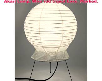 Lot 72 ISAMU NOGUCHI Signed Paper Shade Akari Lamp. Wire rod tripod base. Marked. 