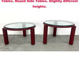 Lot 79 2pc Red Painted Metal Glass Top Tables. Round Side Tables. Slightly different heights. 