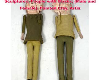 Lot 318 2pc BETTY HINDES Figural Human Sculptures. People with Masks Male and Female. Painted Clay. Artis