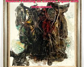 Lot 367 Mid Century Modern Abstract Modern Painting on Canvas. Figure with instrument.