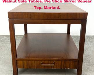 Lot 106 FOUNDERS American Modern Walnut Side Tables. Pie Slice Mirror Veneer Top. Marked. 
