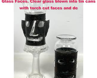 Lot 42 2pc HANK MURTA ADAMS Studio Glass Faces. Clear glass blown into tin cans with torch cut faces and de