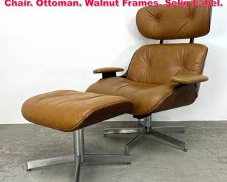 Lot 118 2pc SELIG Brown Leather Lounge Chair. Ottoman. Walnut Frames. Selig Label.