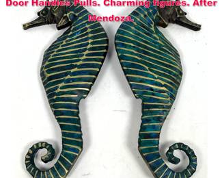 Lot 89 Pr Enameled Bronze Large Seahorse Door Handles Pulls. Charming figures. After Mendoza. 
