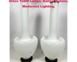 Lot 286 Pr Large Long Necked White Art Glass Table Lamps. Italian Murano. Modernist Lighting. 