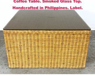 Lot 553 Woven Wicker Rattan CALIFASIA Coffee Table. Smoked Glass Top. Handcrafted in Philippines. Label. 