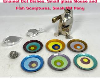 Lot 587 Mixed Modern Design Lot. 6pc Enamel Dot Dishes. Small glass Mouse and Fish Sculptures. Small RH Peng
