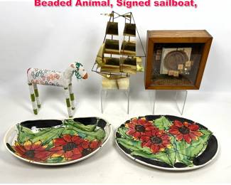 Lot 582 5pcs Puzzle Shadowbox, Monkeybiz Beaded Animal, Signed sailboat, 