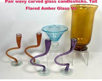 Lot 563 6pc Studio Art Glass Collection. Two Pair wavy curved glass candlesticks. Tall Flared Amber Glass Va