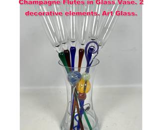 Lot 10 Set of Art Glass Long Stem Champagne Flutes in Glass Vase. 2 decorative elements. Art Glass.